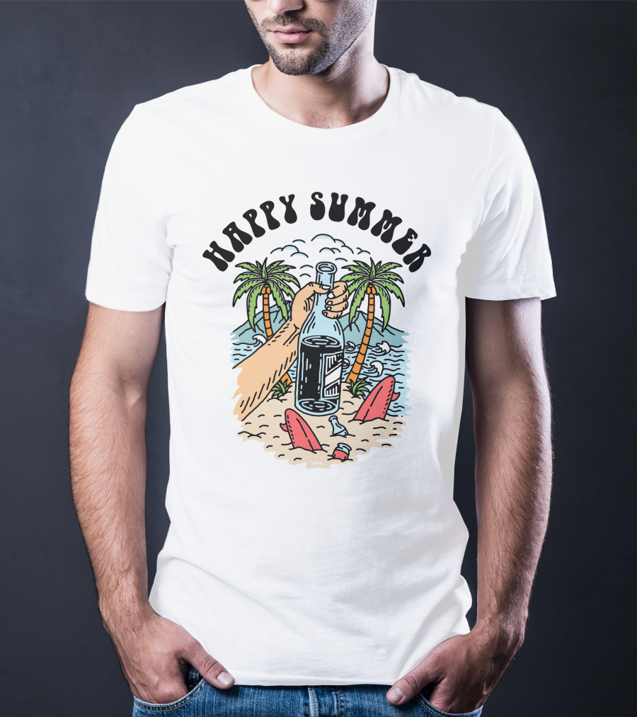 Happy Summer Beach Scene With Palms And Bottle T-Shirt