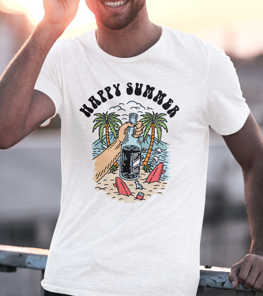 Happy Summer Beach Scene With Palms And Bottle T-Shirt