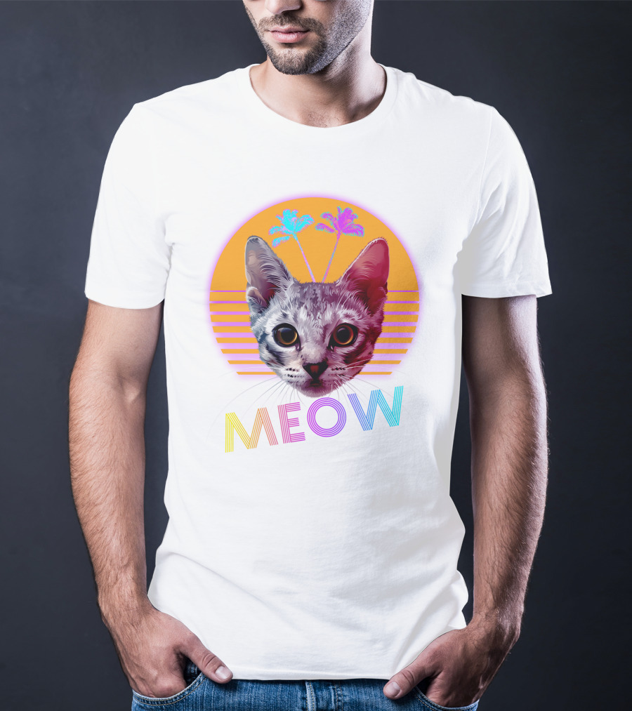 Retro Meow Cat With Palm Trees And Sunset Stripes T-Shirt