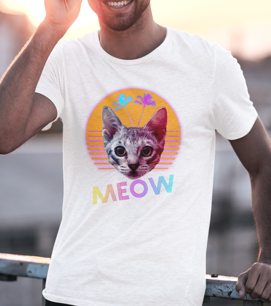 Retro Meow Cat With Palm Trees And Sunset Stripes T-Shirt