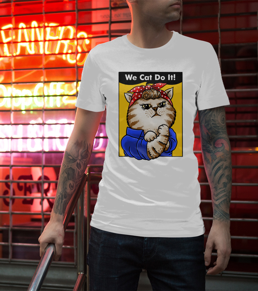 We Cat Do It Humorous Cat With Red Polka Dot Bandana And Blue T-Shirt
