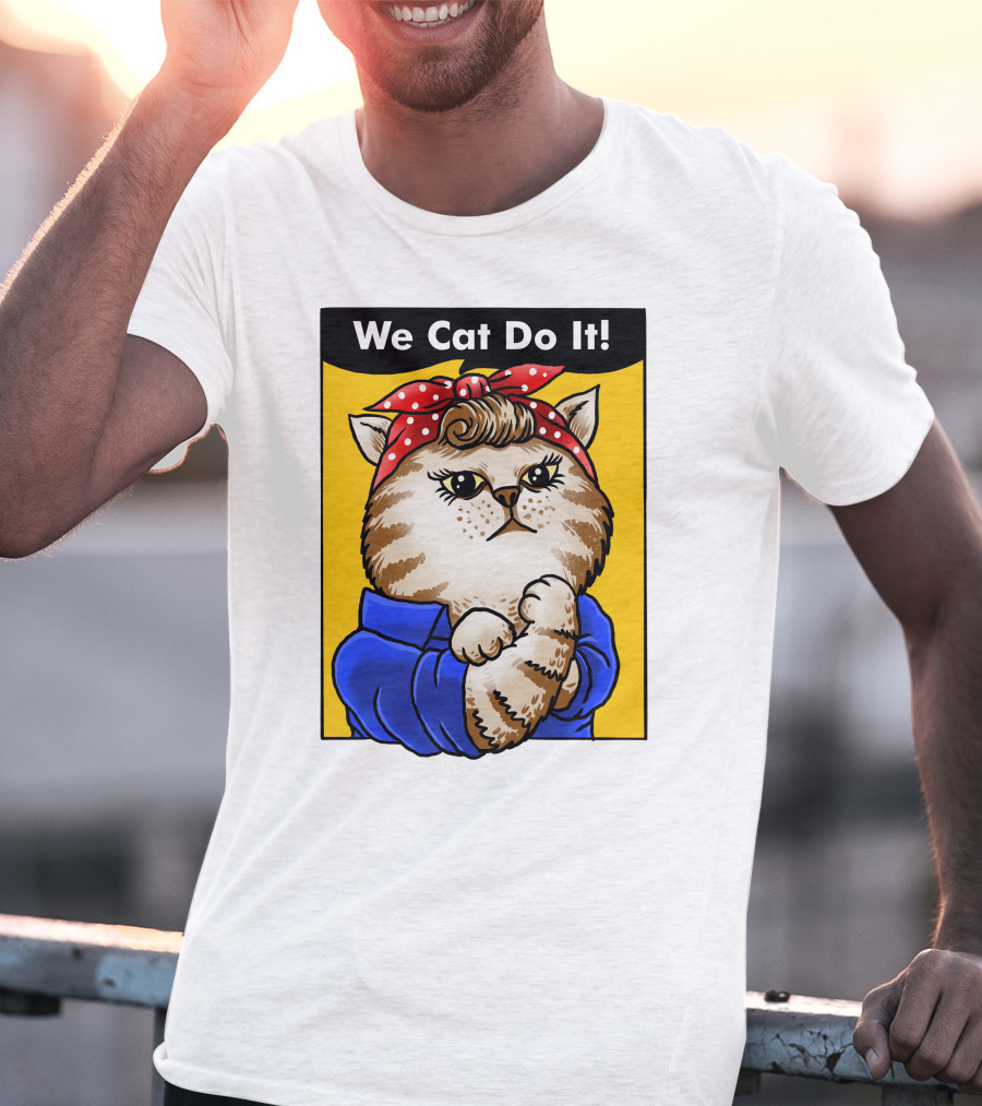 We Cat Do It Humorous Cat With Red Polka Dot Bandana And Blue T-Shirt