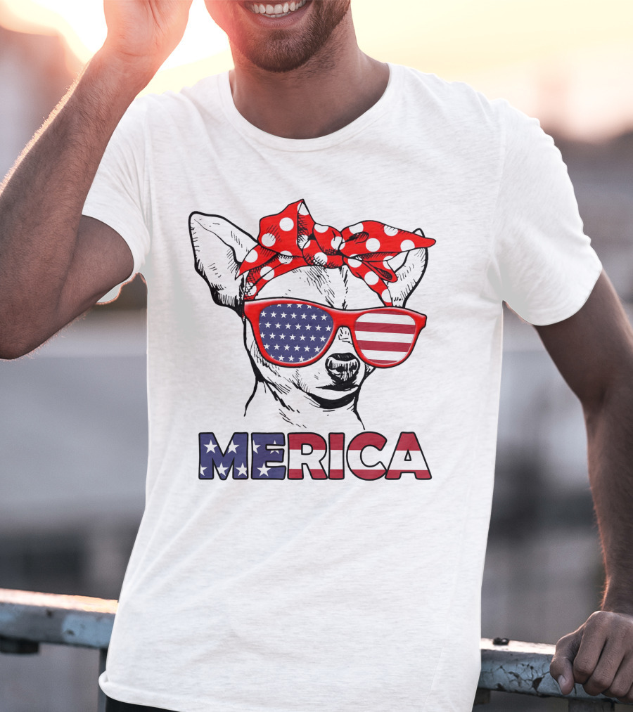 Chihuahua Merica USA Patriotic Glasses And Bandana T-Shirt