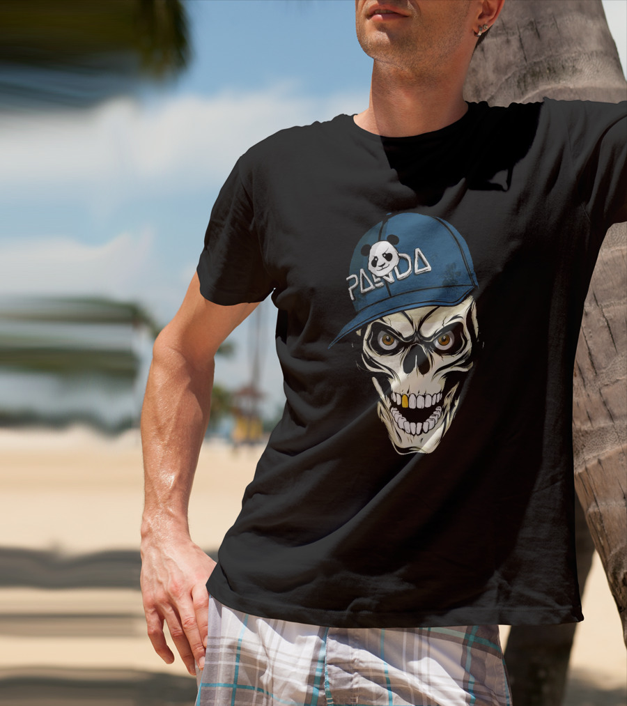 Skull Panda Blue Hat Grinning Face With Panda T-Shirt