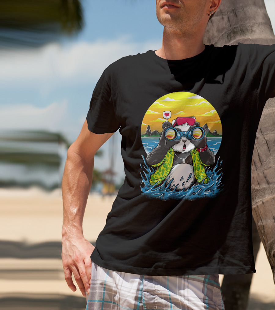 Summer Panda Beach Adventure With Binoculars And Heart T-Shirt