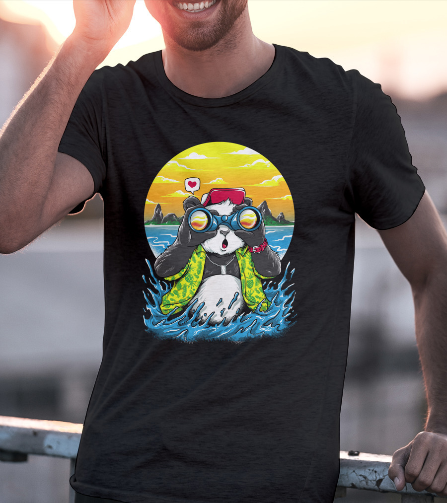 Summer Panda Beach Adventure With Binoculars And Heart T-Shirt