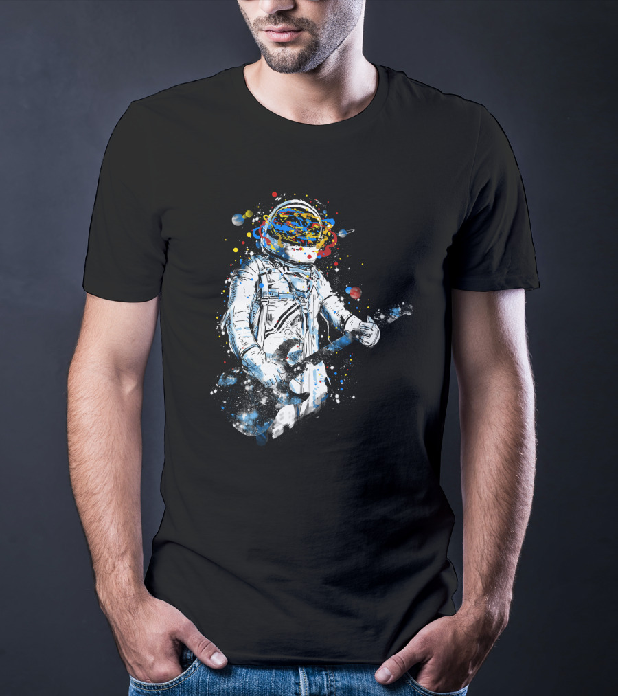 Space Guitar Astronaut Playing Cosmic Electric Guitar With Planetary Helmet And Colorful Galaxy T-Shirt