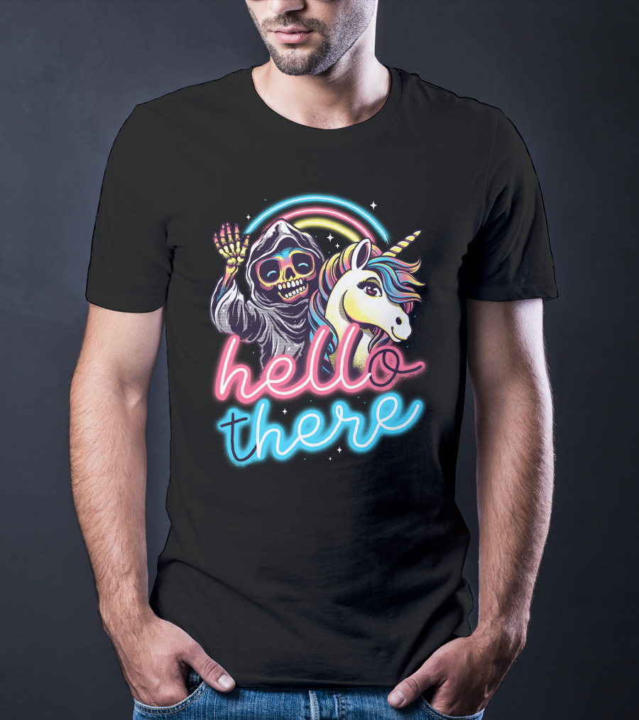Hello There Grim Reaper And Unicorn Neon Rainbow T-Shirt