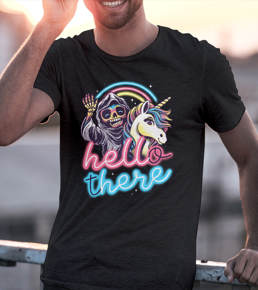 Hello There Grim Reaper And Unicorn Neon Rainbow T-Shirt
