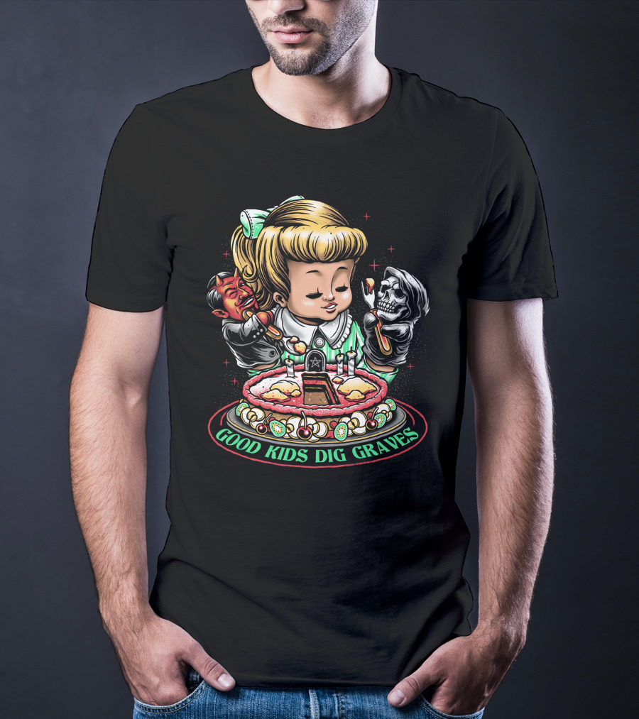 Good Kids Dig Graves Devil And Grim Reaper Cake Scene T-Shirt