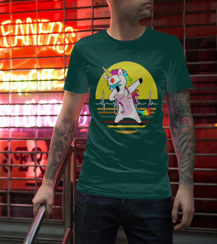 Unicorn Nurse Dabbing With Rainbow Stethoscope And Heartbeat Background T-Shirt