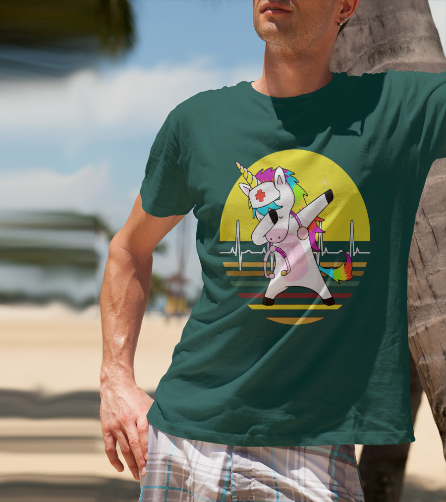 Unicorn Nurse Dabbing With Rainbow Stethoscope And Heartbeat Background T-Shirt