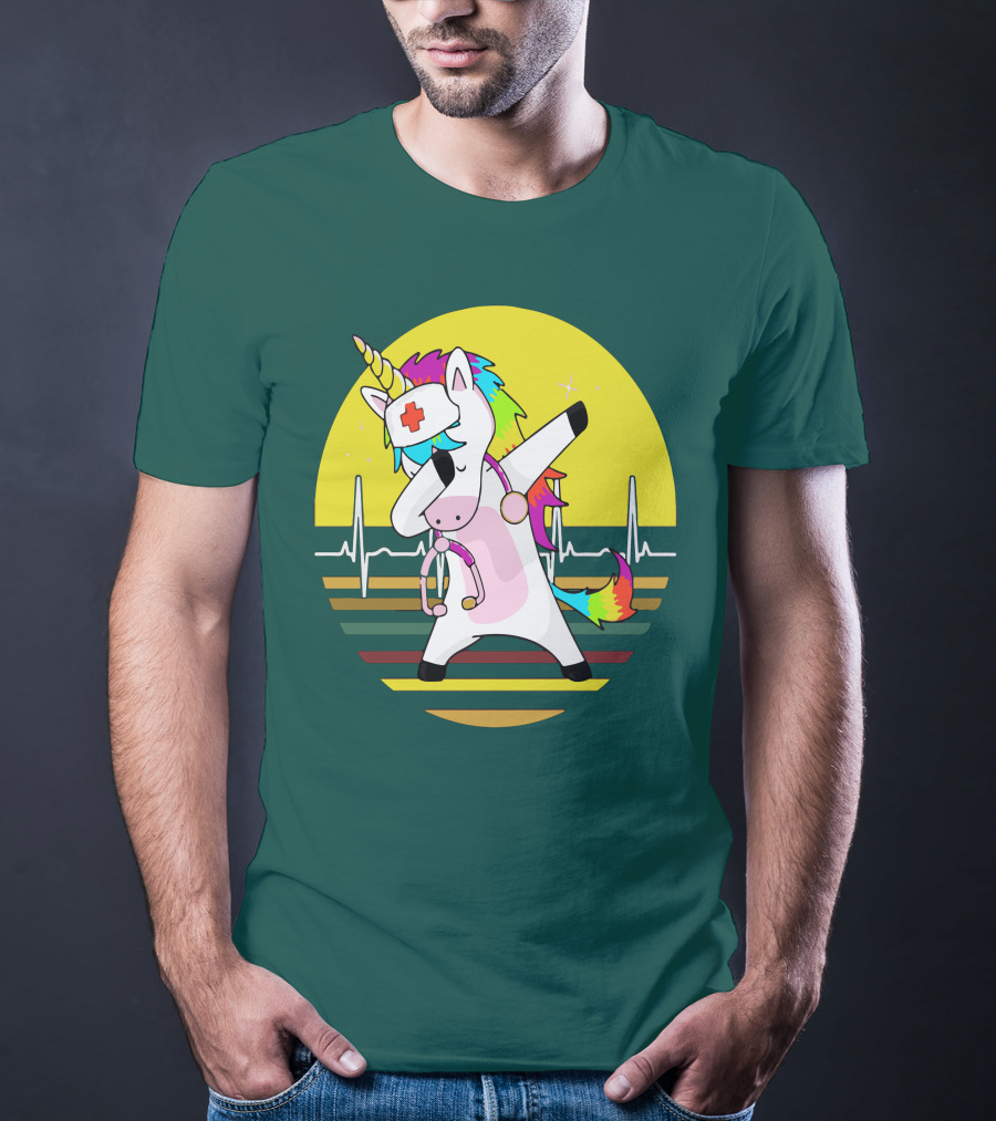 Unicorn Nurse Dabbing With Rainbow Stethoscope And Heartbeat Background T-Shirt