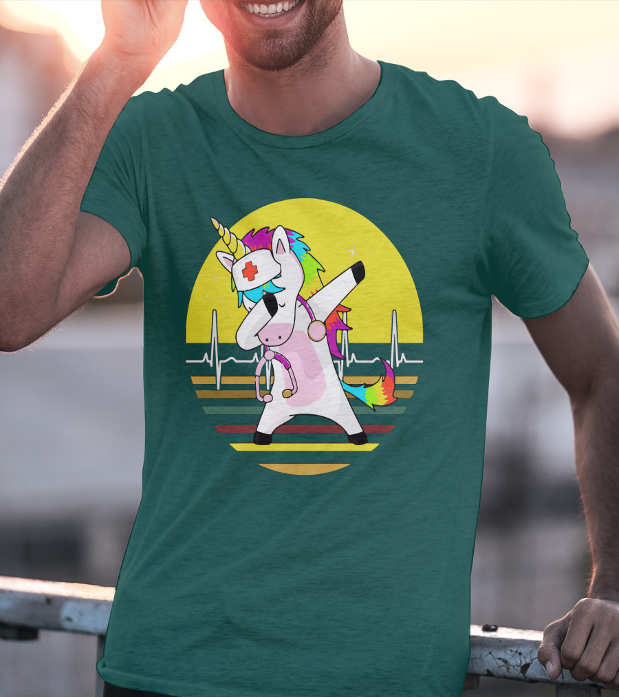 Unicorn Nurse Dabbing With Rainbow Stethoscope And Heartbeat Background T-Shirt