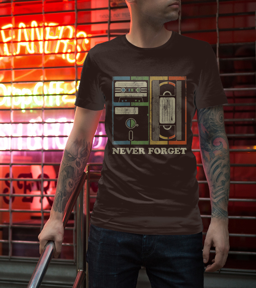 Never Forget Retro Vintage Cassette Floppy VHS Cool Funny Geeky Nerdy T-Shirt