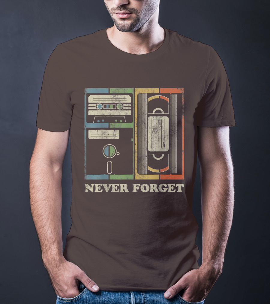 Never Forget Retro Vintage Cassette Floppy VHS Cool Funny Geeky Nerdy T-Shirt