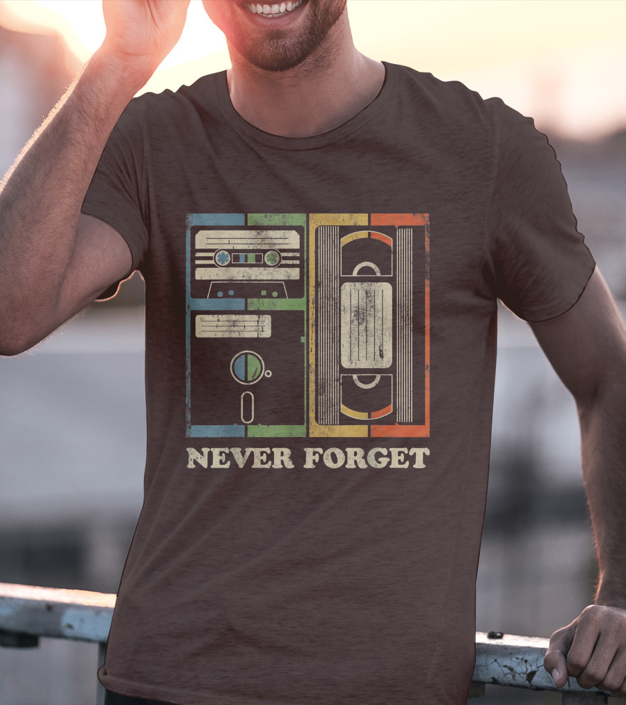Never Forget Retro Vintage Cassette Floppy VHS Cool Funny Geeky Nerdy T-Shirt