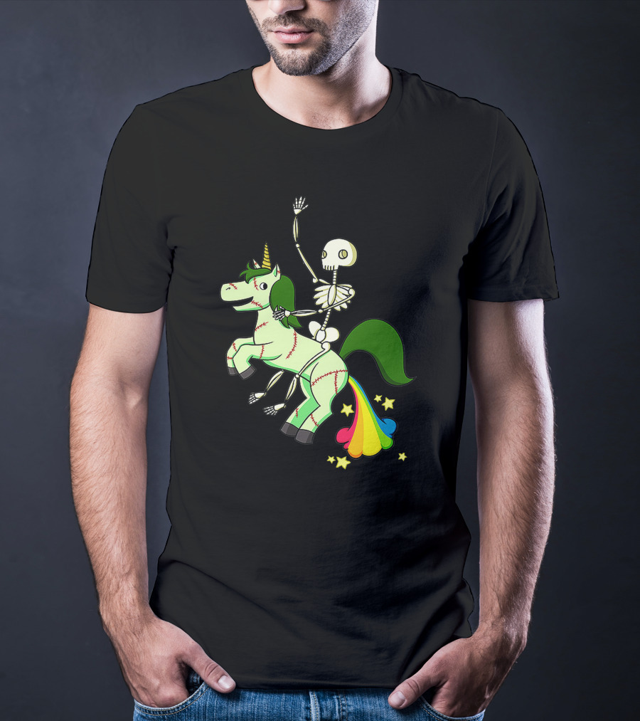 Skull Skeleton Riding Zombie Unicorn With Rainbow Tail And Green Mane T-Shirt