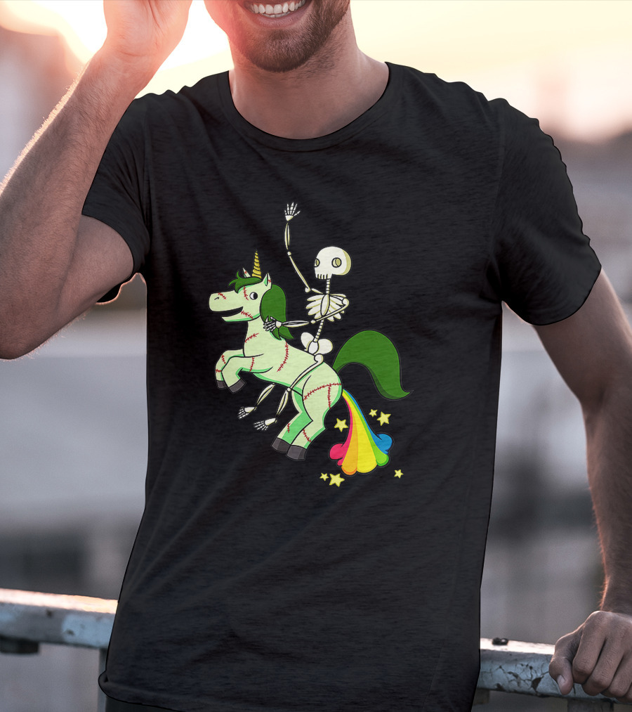 Skull Skeleton Riding Zombie Unicorn With Rainbow Tail And Green Mane T-Shirt