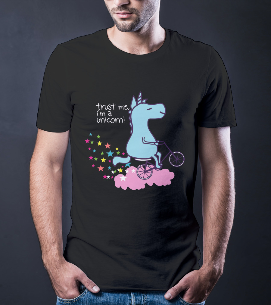 Trust Me I'm A Unicorn Riding Bicycle On Pink Cloud With Colorful Stars T-Shirt