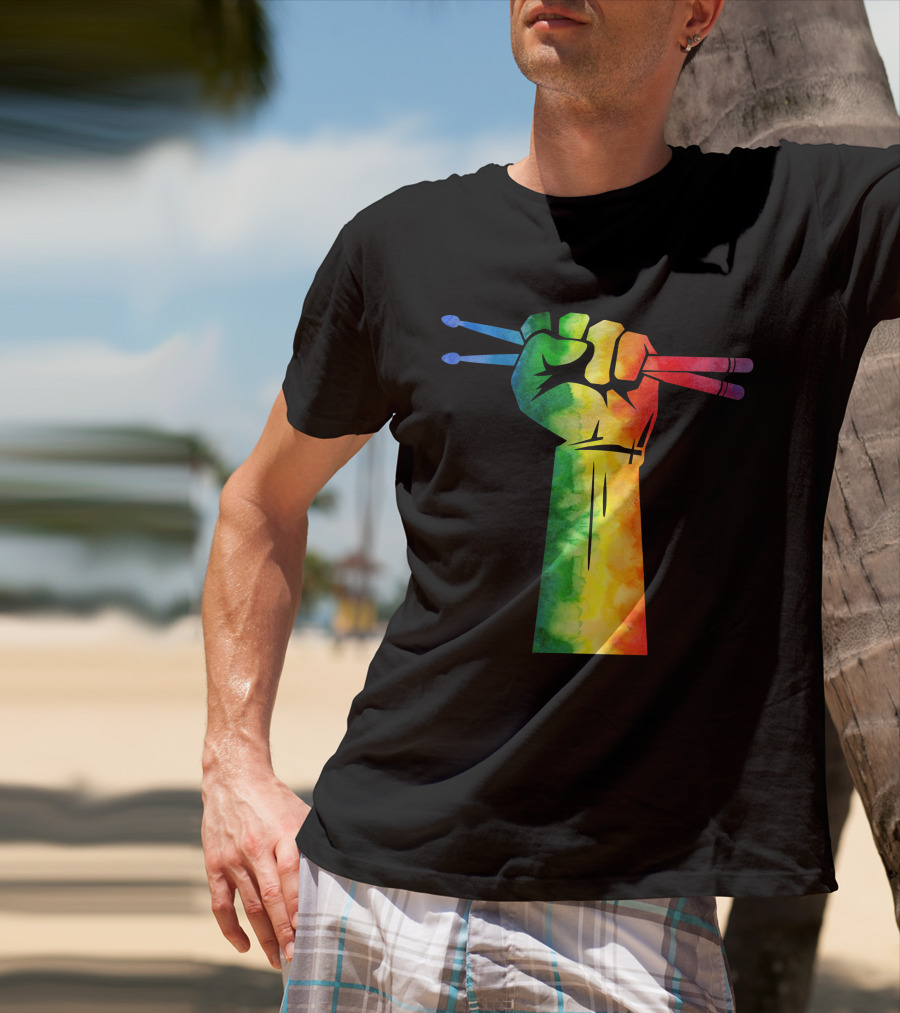 Drumstick Drummer Rainbow Fist T-Shirt