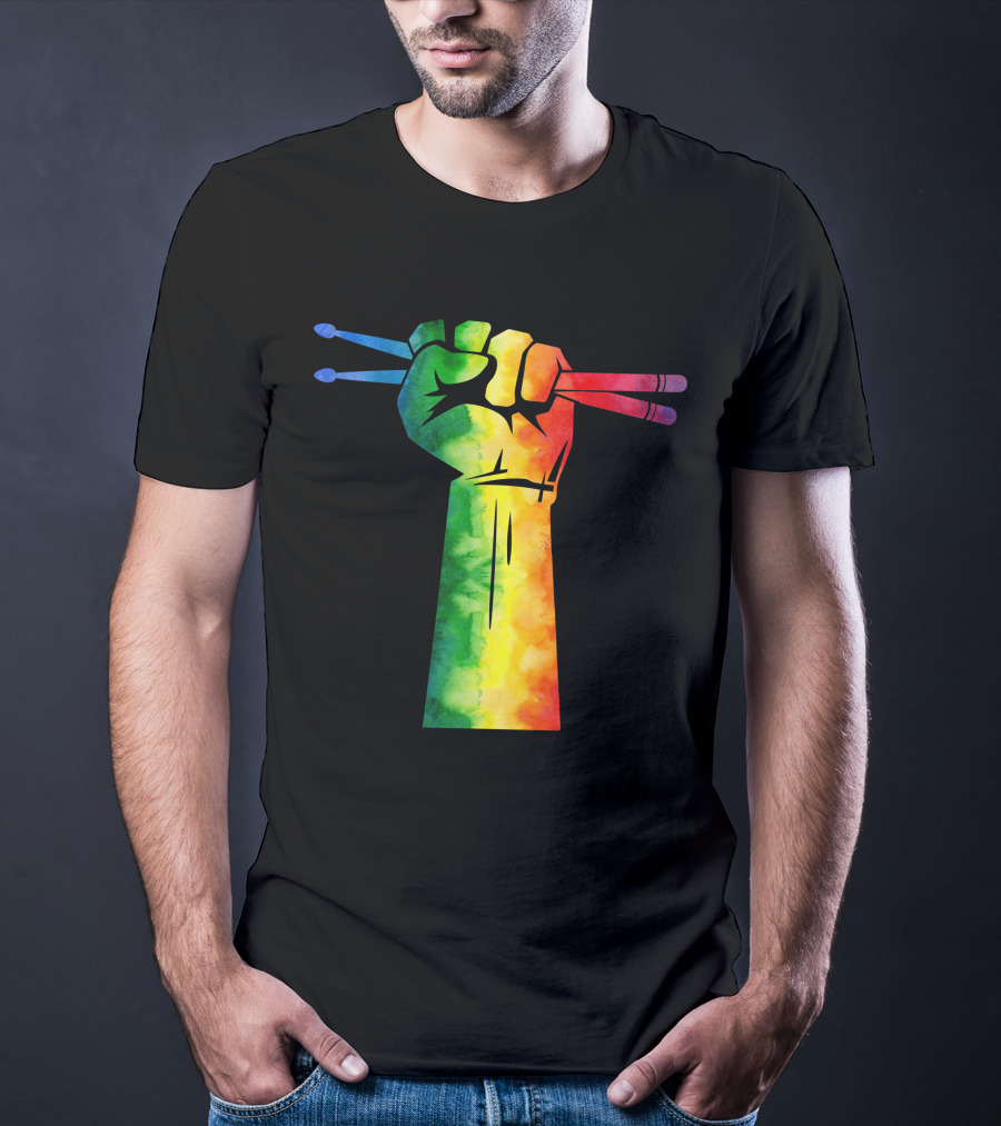 Drumstick Drummer Rainbow Fist T-Shirt