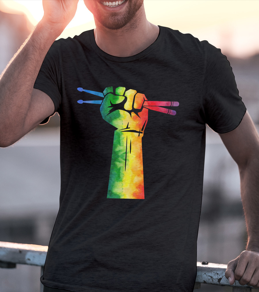 Drumstick Drummer Rainbow Fist T-Shirt