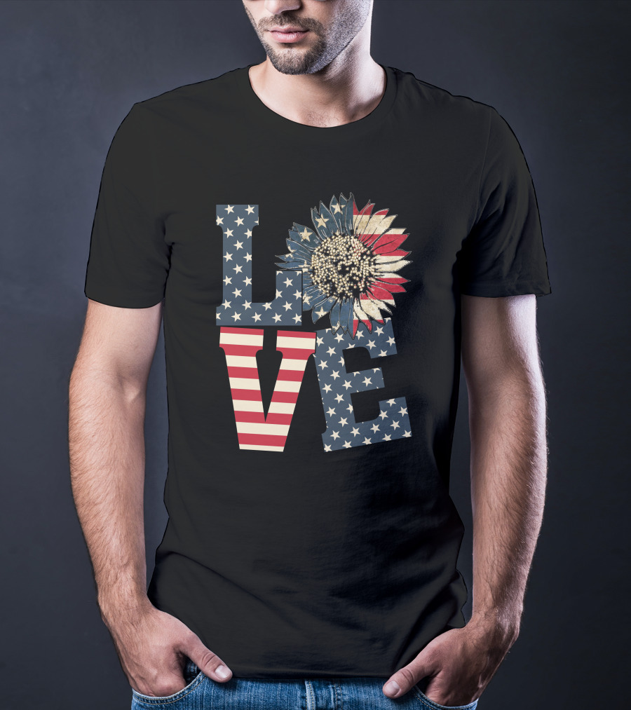 Sunflower Love American Flag Stars And Stripes Flower T-Shirt
