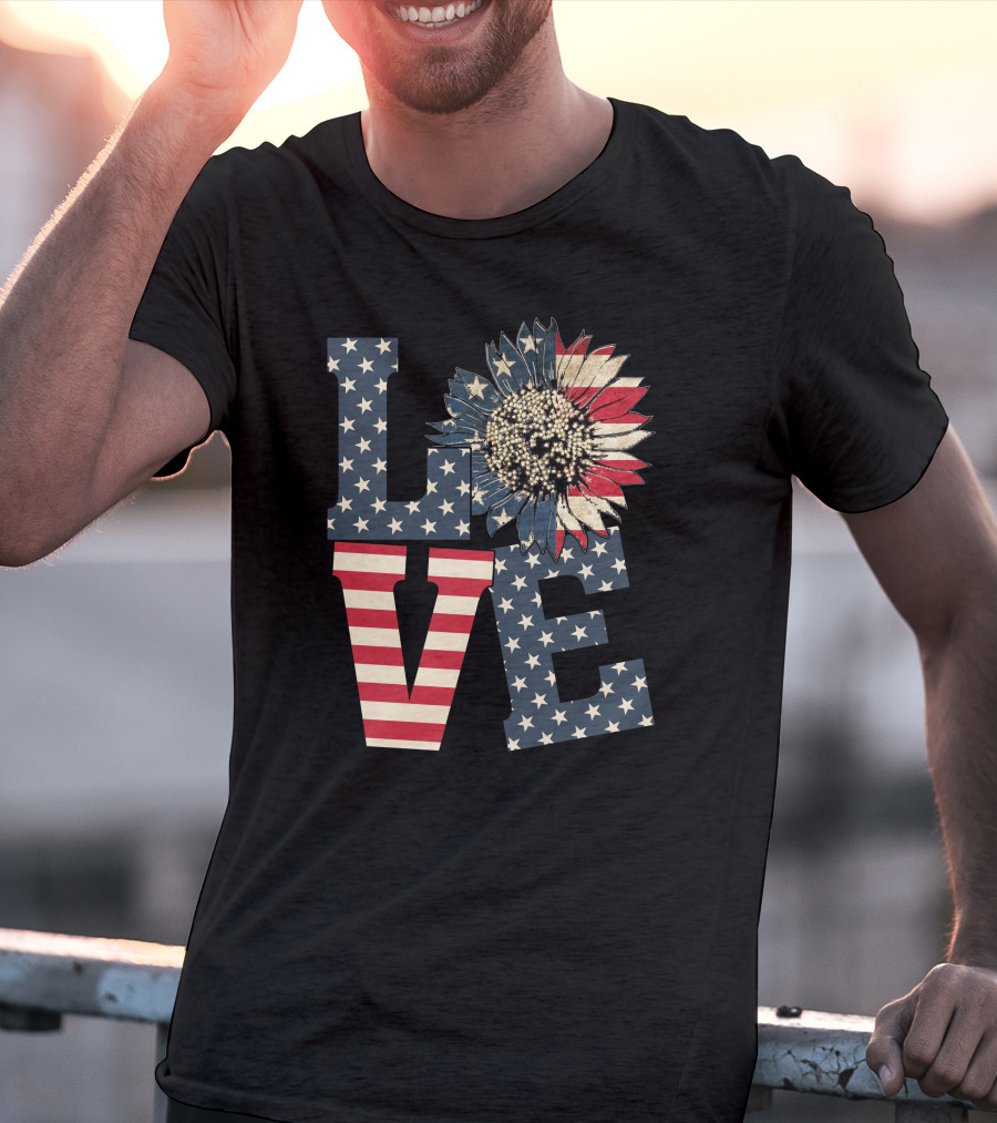 Sunflower Love American Flag Stars And Stripes Flower T-Shirt