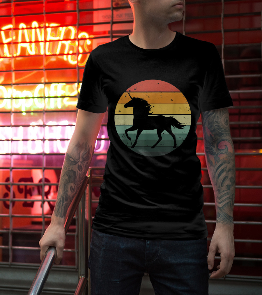 Unicorn Silhouette Against Retro 70s Sunset Stripes T-Shirt