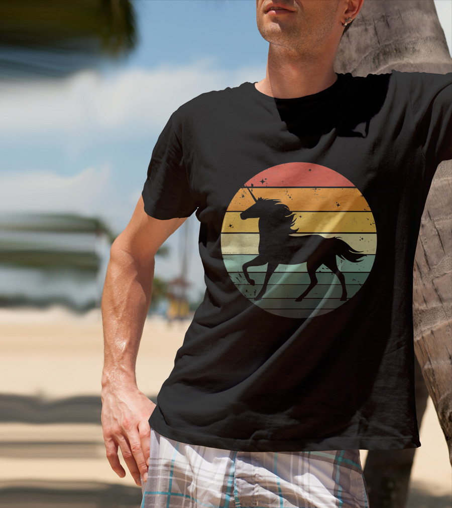 Unicorn Silhouette Against Retro 70s Sunset Stripes T-Shirt