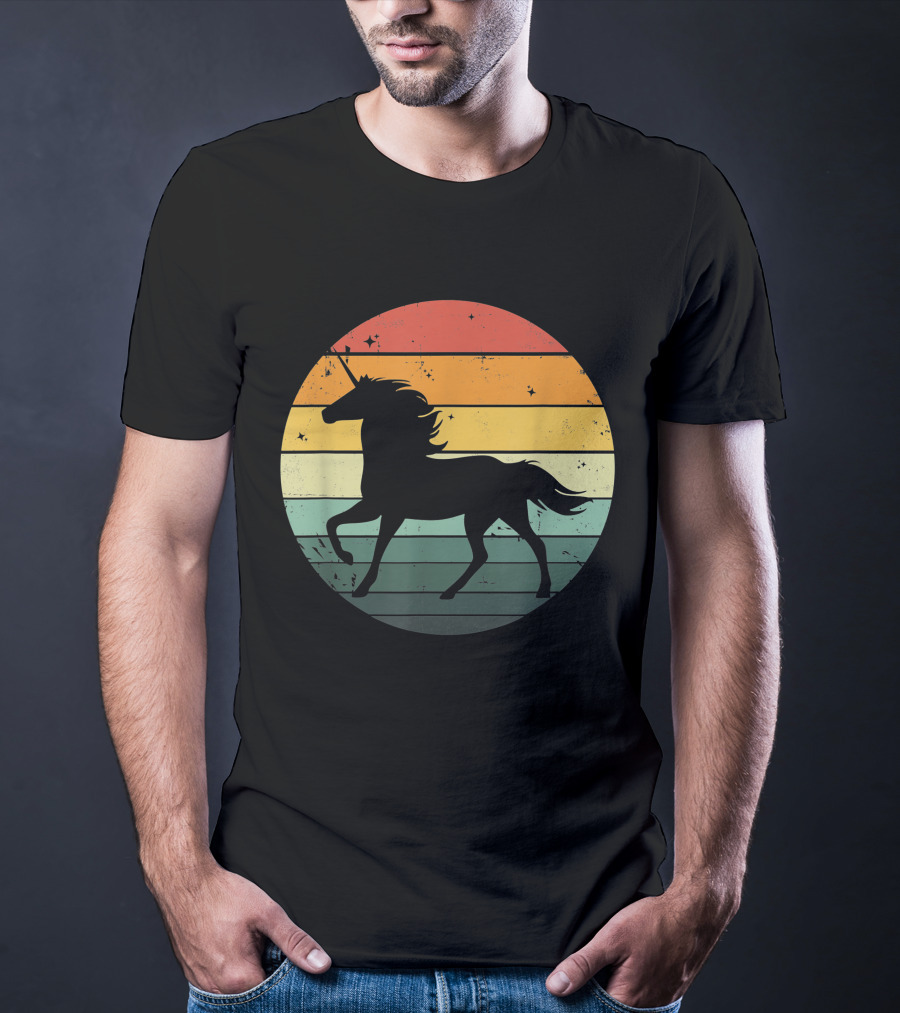 Unicorn Silhouette Against Retro 70s Sunset Stripes T-Shirt
