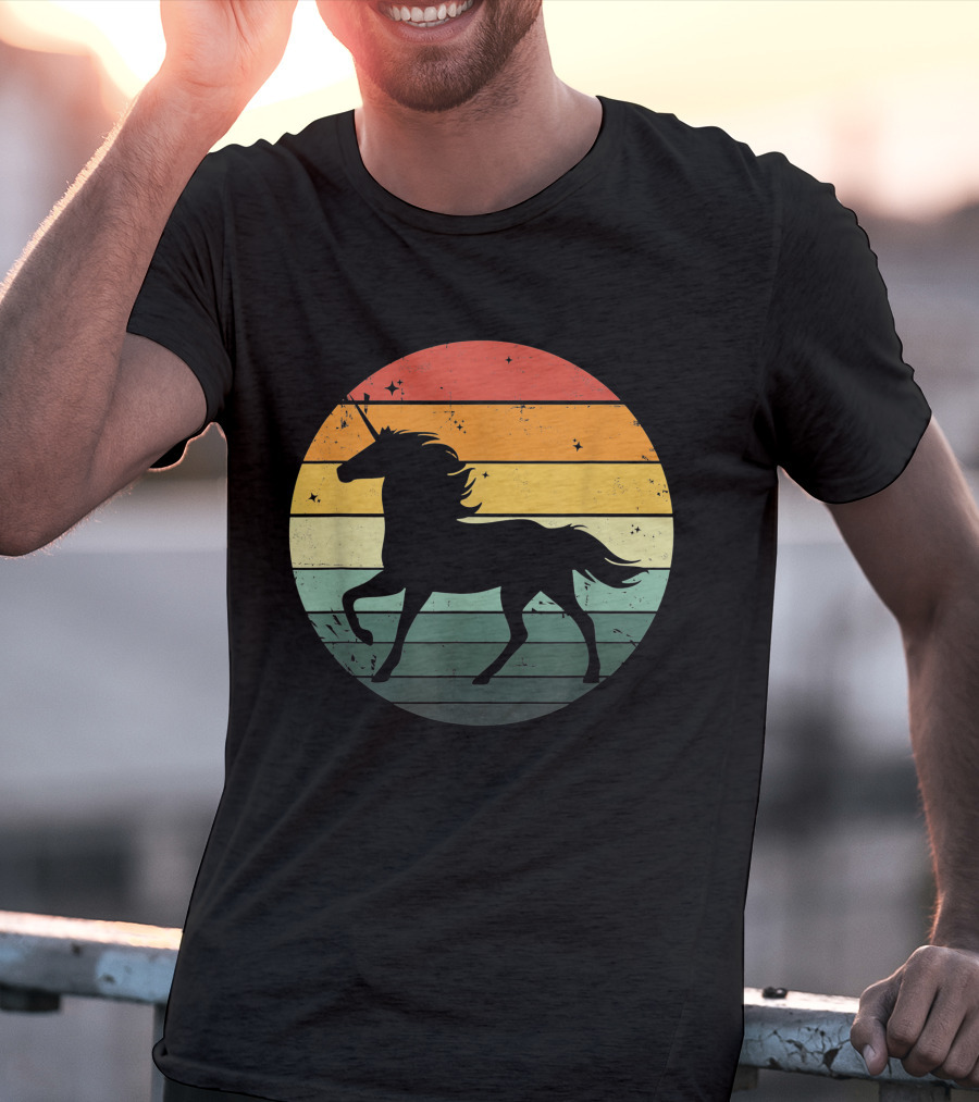Unicorn Silhouette Against Retro 70s Sunset Stripes T-Shirt
