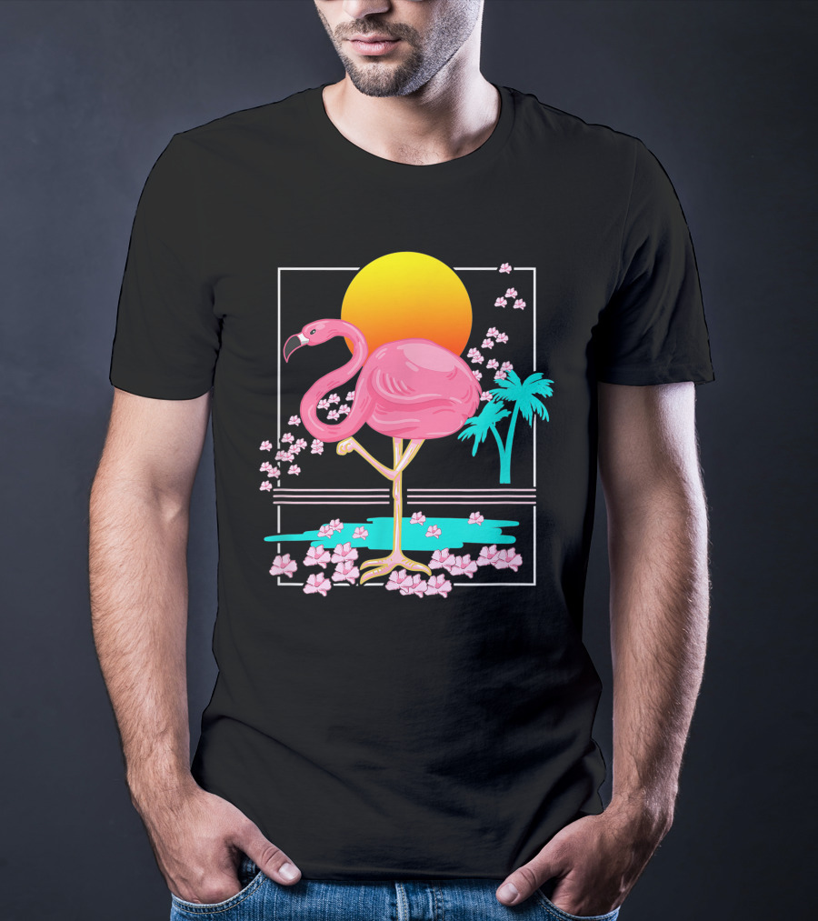 Flamingo Tropical Flowers And Sunset Scene T-Shirt
