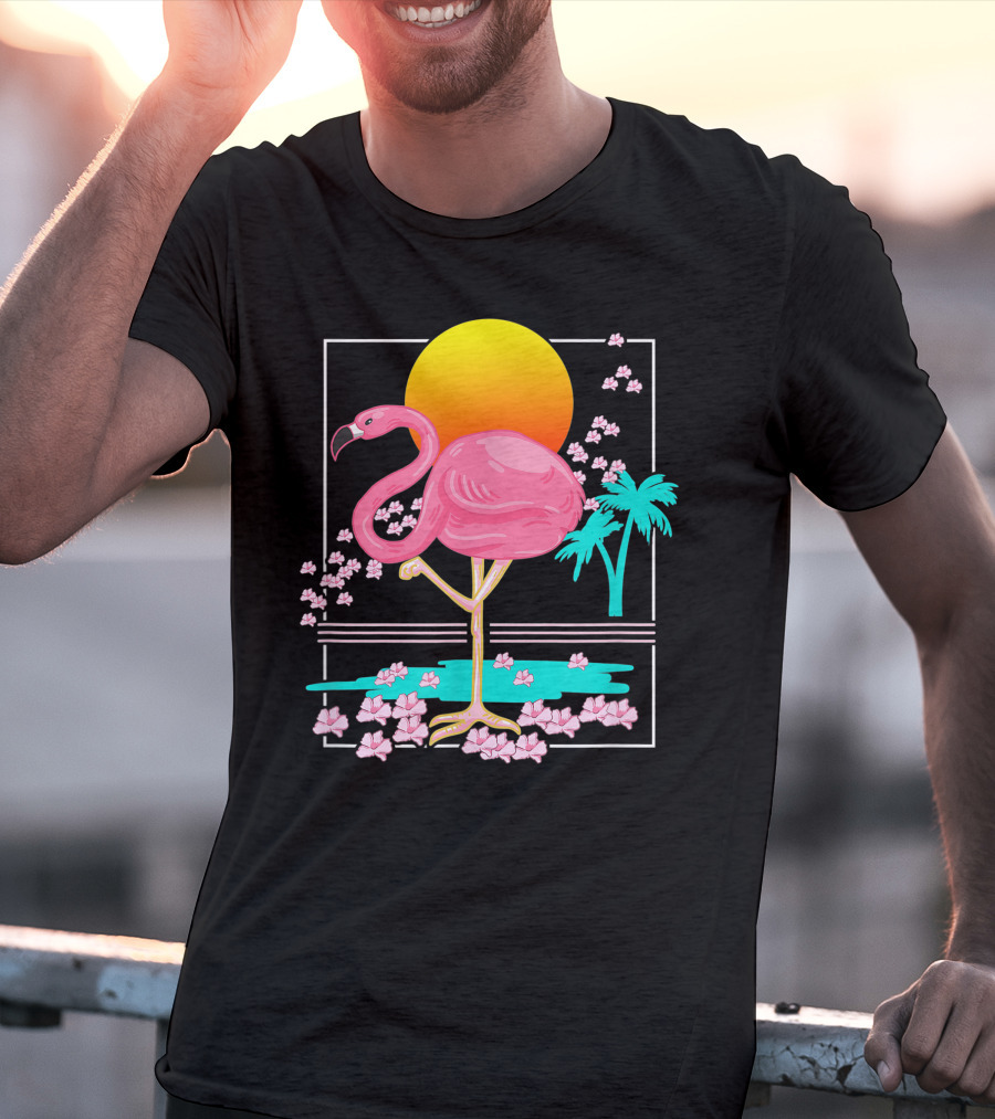 Flamingo Tropical Flowers And Sunset Scene T-Shirt