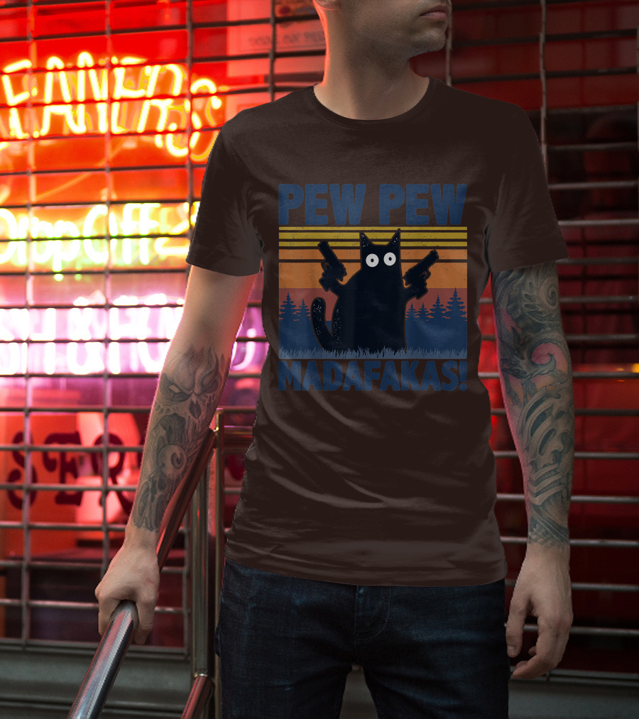 Pew Pew Madafakas Funny Vintage Cat With Guns Retro Forest Background T-Shirt
