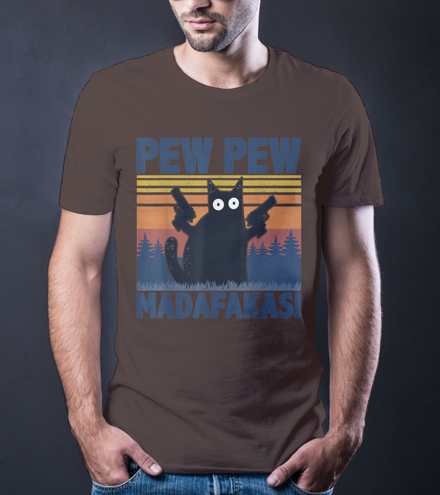 Pew Pew Madafakas Funny Vintage Cat With Guns Retro Forest Background T-Shirt