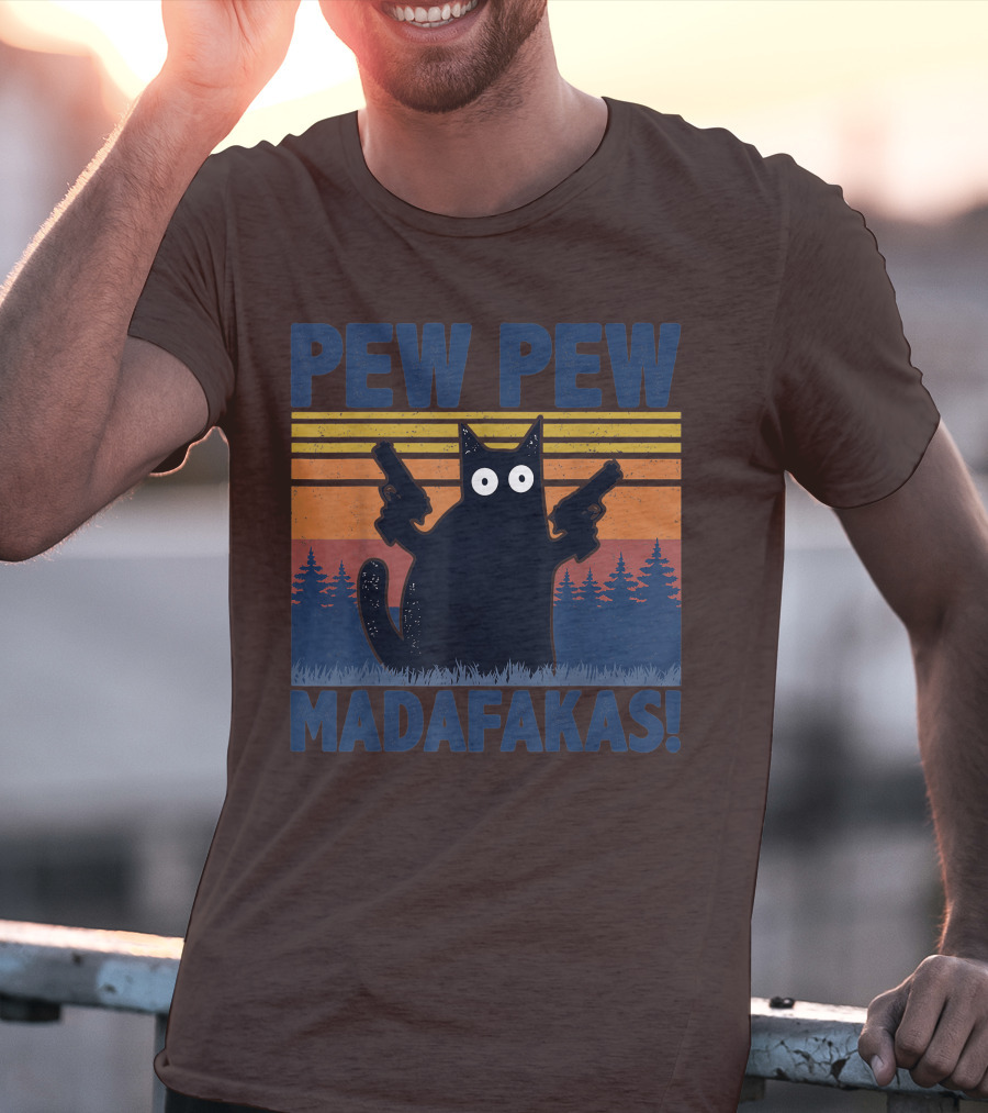 Pew Pew Madafakas Funny Vintage Cat With Guns Retro Forest Background T-Shirt