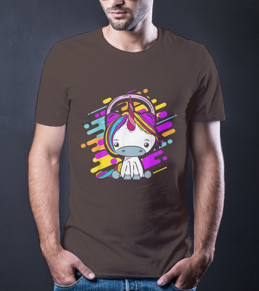 Cute Rainbow Unicorn Headphones Music T-Shirt