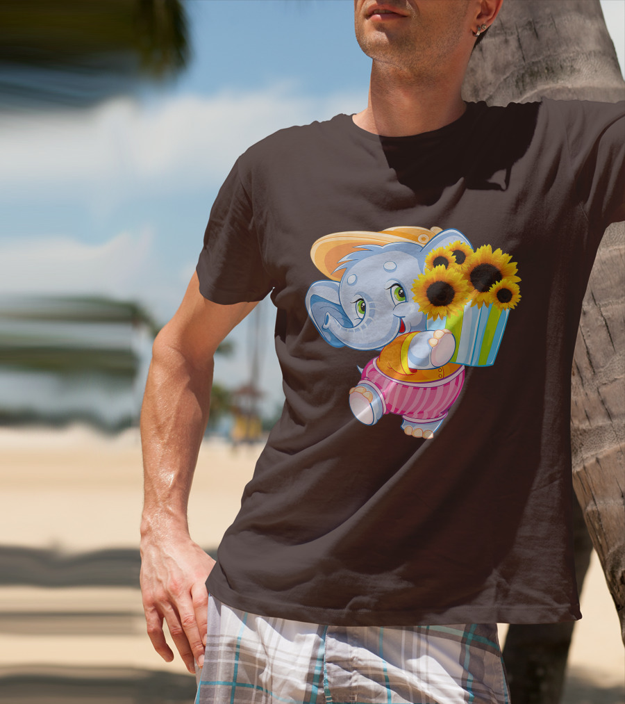Cute Baby Elephant With Sunflowers And Pink Striped Shorts T-Shirt