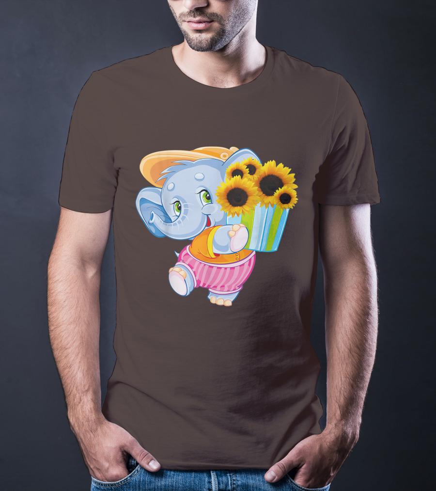 Cute Baby Elephant With Sunflowers And Pink Striped Shorts T-Shirt