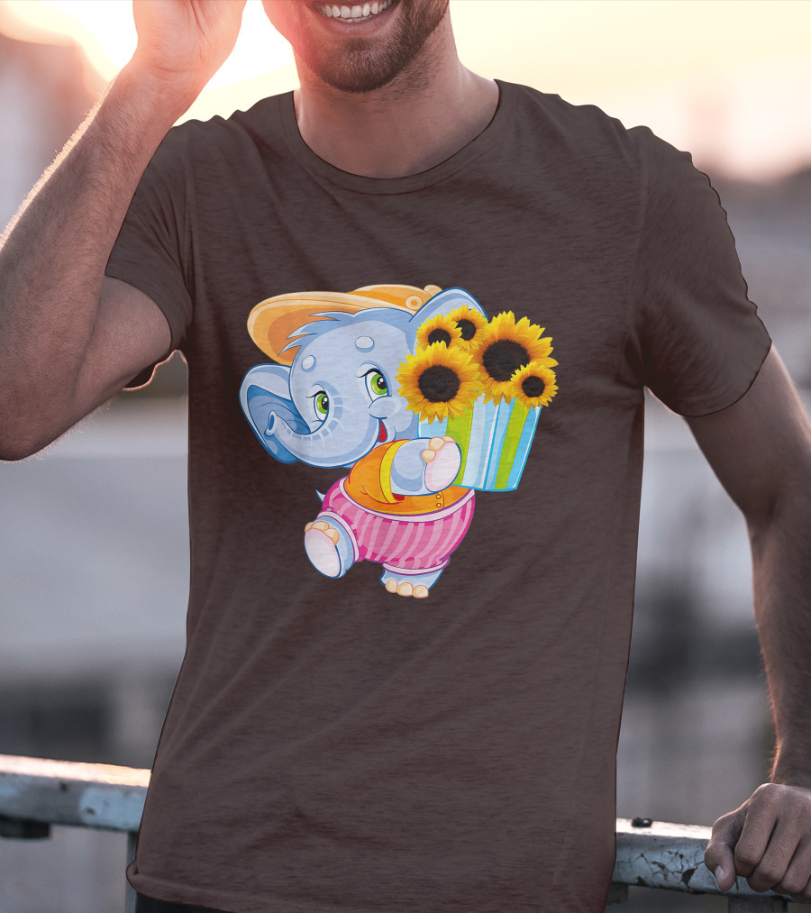 Cute Baby Elephant With Sunflowers And Pink Striped Shorts T-Shirt