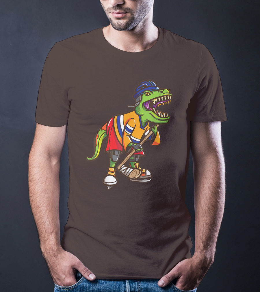 Roller Skates Hockey Dinosaur In Uniform With Stick And Helmet T-Shirt