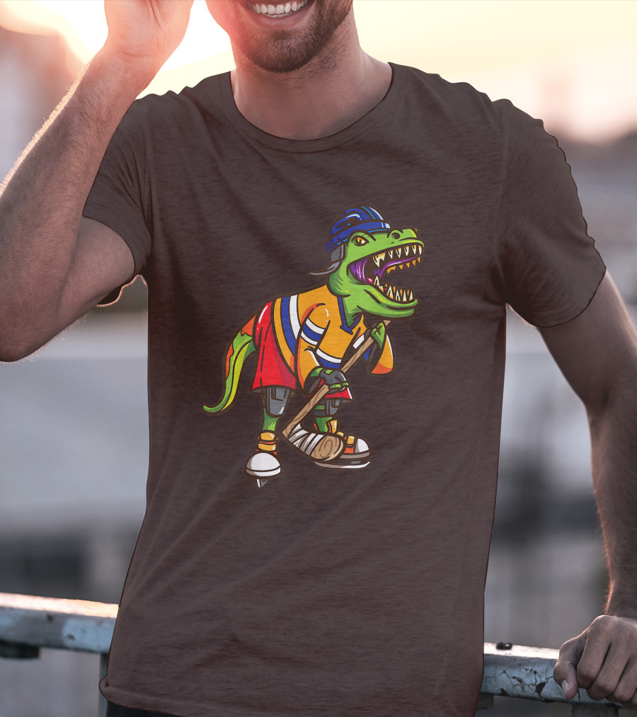 Roller Skates Hockey Dinosaur In Uniform With Stick And Helmet T-Shirt