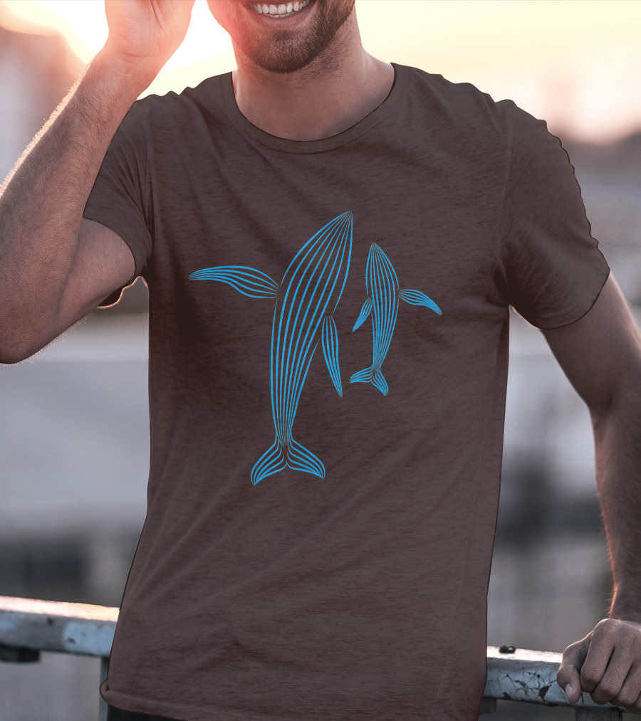 Save The Whales Blue Line Art Humpback Whale Pair Awareness T-Shirt