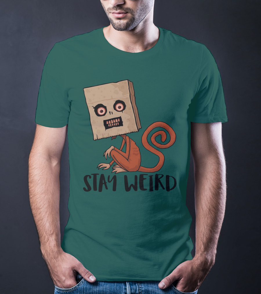Stay Weird Sack Monkey Creepy Box Head Cartoon T-Shirt