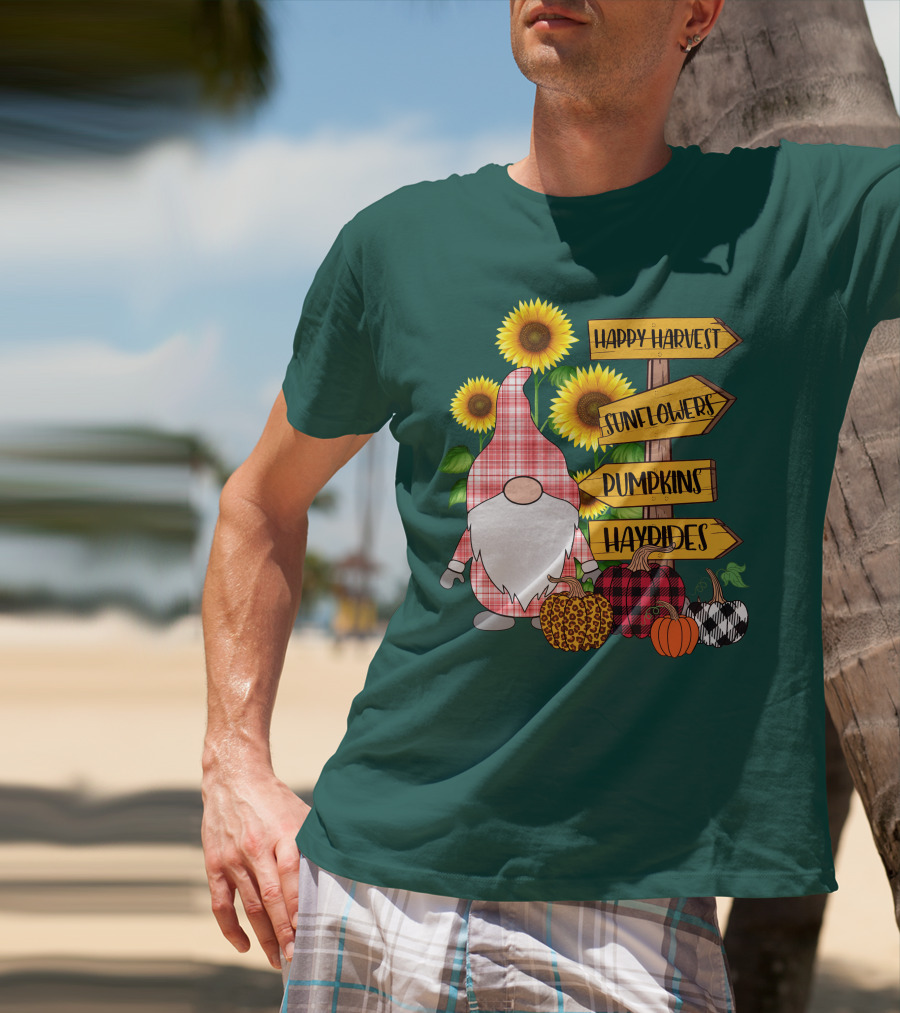 Happy Harvest Sunflowers Pumpkins Hayrides Gnome T-Shirt