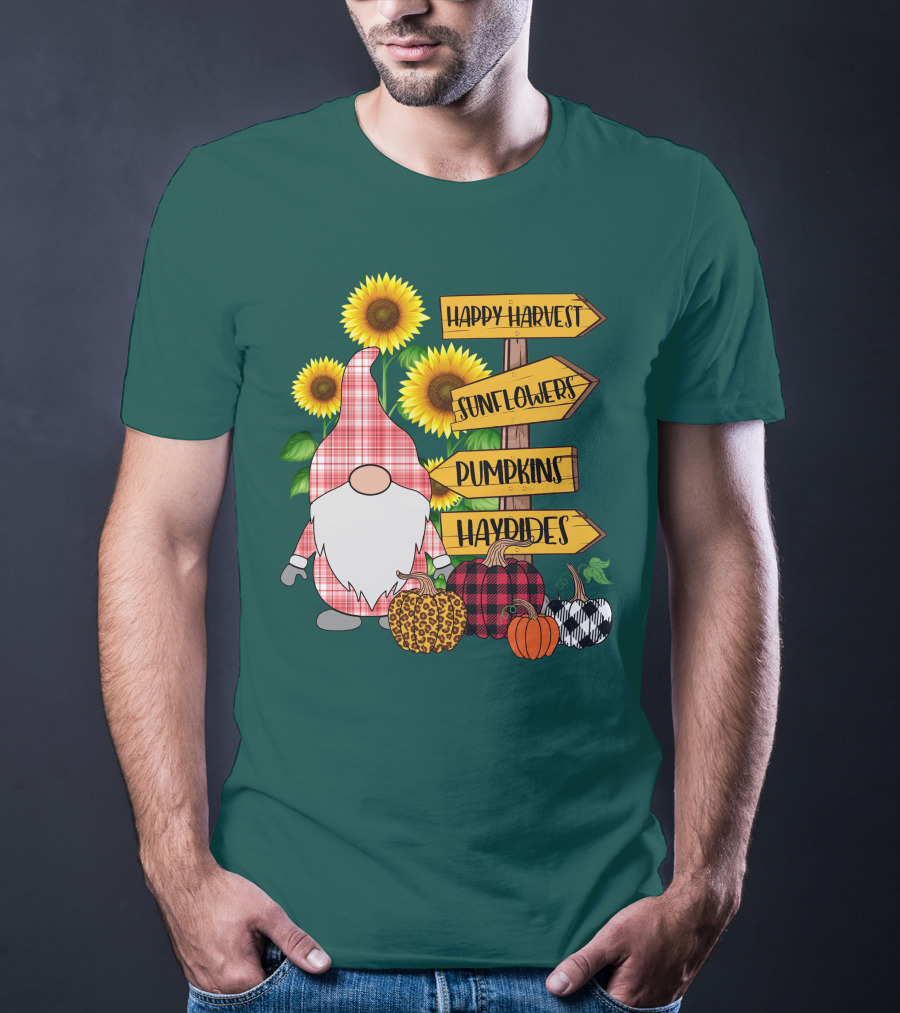 Happy Harvest Sunflowers Pumpkins Hayrides Gnome T-Shirt
