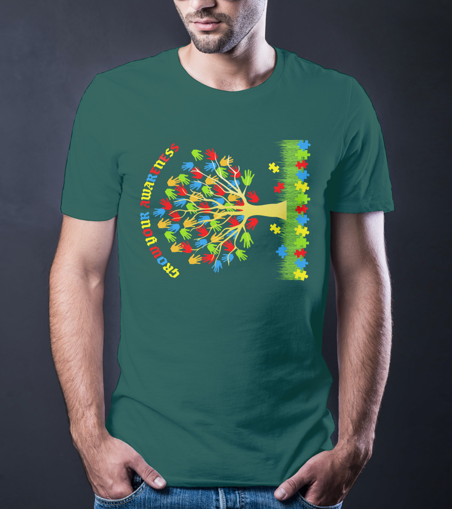 Grow Your Awareness Tree Of Colored Hands And Puzzle Pieces T-Shirt