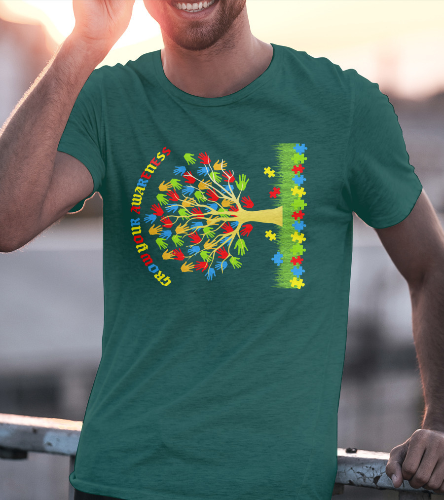 Grow Your Awareness Tree Of Colored Hands And Puzzle Pieces T-Shirt